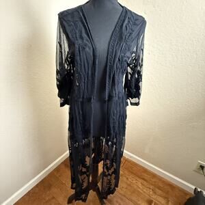 Rachel Zoe Black Lace Floral Embroidered One-Size Kimono Cover-Up Duster